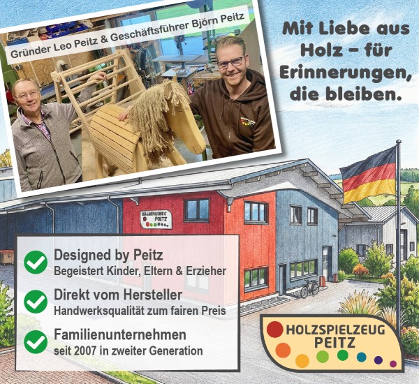 Firmengebäude Holzspielzeug Peitz mit den Gründern Leo und Björn Peitz